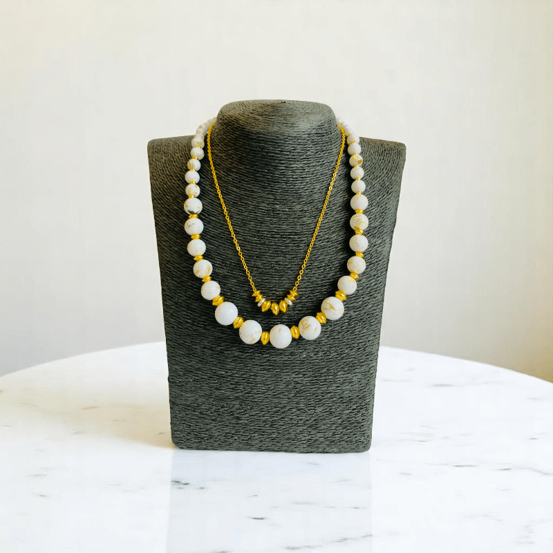 Golden Shell Set | Mother of Pearl Stone & 18K Gold Plating - For Women | Includes: 2 Necklaces, Bracelet, Earring