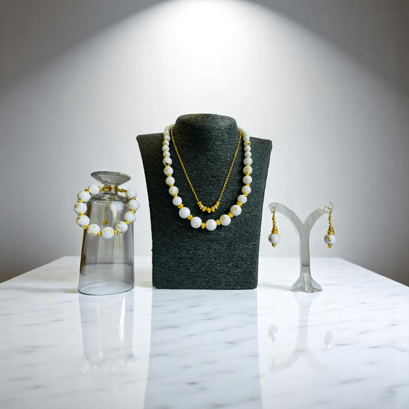 Golden Shell Set | Mother of Pearl Stone & 18K Gold Plating - For Women | Includes: 2 Necklaces, Bracelet, Earring