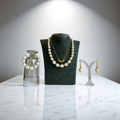 Golden Shell Set | Mother of Pearl Stone & 18K Gold Plating - For Women | Includes: 2 Necklaces, Bracelet, Earring