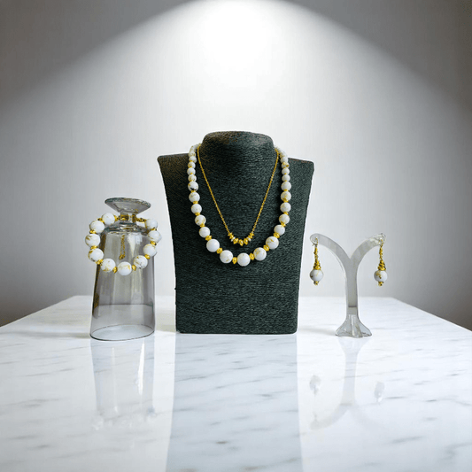 Golden Shell Set | Mother of Pearl Stone & 18K Gold Plating - For Women | Includes: 2 Necklaces, Bracelet, Earring