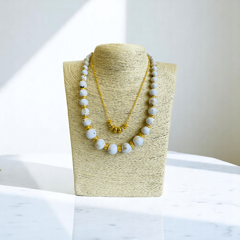 Golden Shell Set | Mother of Pearl Stone & 18K Gold Plating - For Women | Includes: 2 Necklaces, Bracelet, Earring