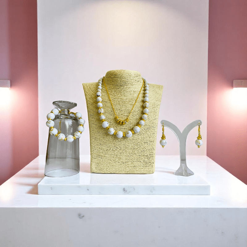 Golden Shell Set | Mother of Pearl Stone & 18K Gold Plating - For Women | Includes: 2 Necklaces, Bracelet, Earring