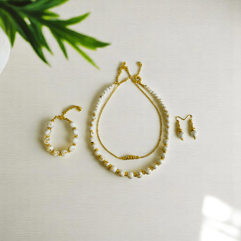 Golden Shell Set | Mother of Pearl Stone & 18K Gold Plating - For Women | Includes: 2 Necklaces, Bracelet, Earring