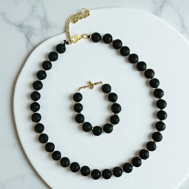 Earth Lava Set | Lava Stone - For Unisex | Includes: Necklace & Bracelet