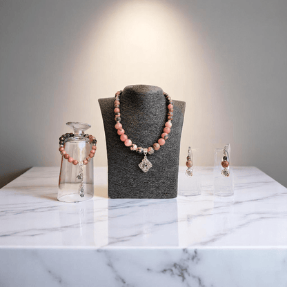 Blush Steel Set | Rhodonite Stone & Stainless Steel - For Women | Includes: Necklace, Bracelet, Earrings