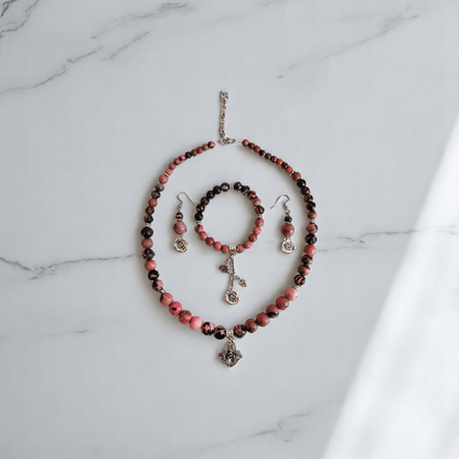 Blush Steel Set | Rhodonite Stone & Stainless Steel - For Women | Includes: Necklace, Bracelet, Earrings