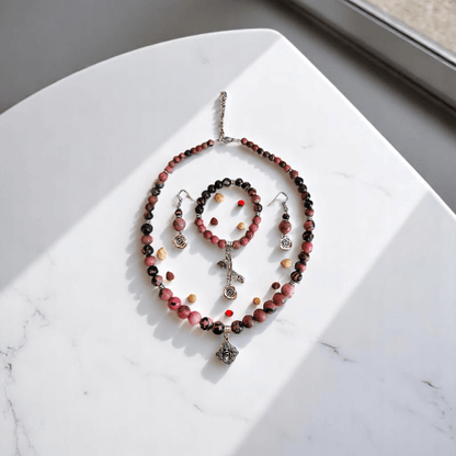 Blush Steel Set | Rhodonite Stone & Stainless Steel - For Women | Includes: Necklace, Bracelet, Earrings