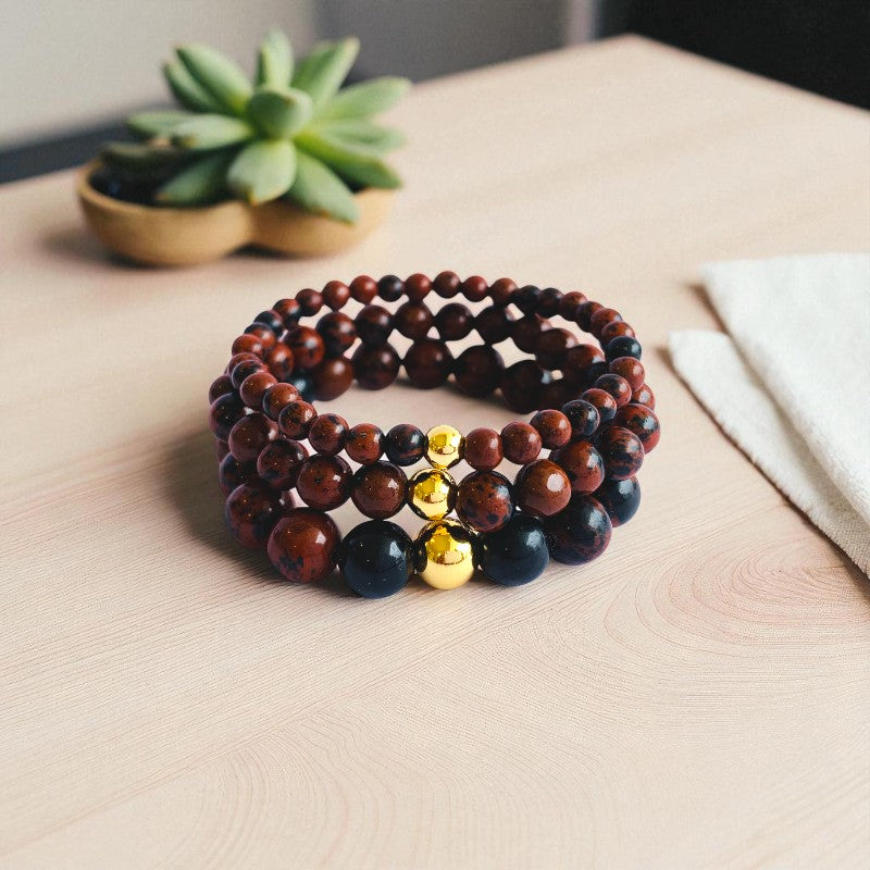 Sturdy Three Layered Bracelet | Mahogany Obsidian - For Women | Includes: Bracelets (Set of 3)