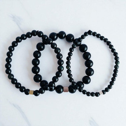 Strength Layered Bracelets | Black Obsidian - For Men | Includes: Bracelets (Set of 3)