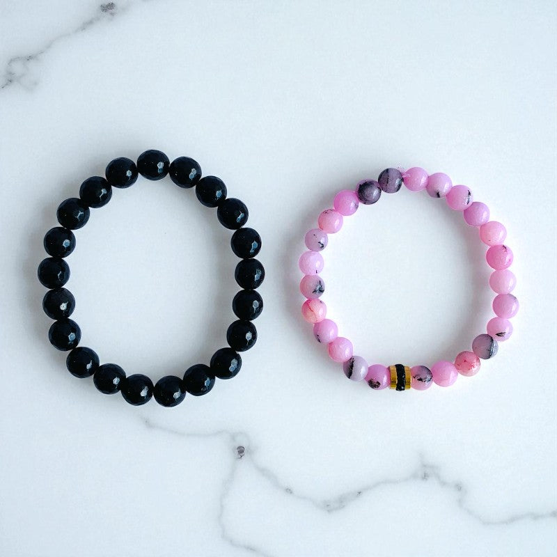 Elegant Duo | Pink Opal & Obsidian - For Women | Includes: Bracelets (Set of 2)
