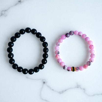 Elegant Duo | Pink Opal & Obsidian - For Women | Includes: Bracelets (Set of 2)