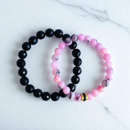 Elegant Duo | Pink Opal & Obsidian - For Women | Includes: Bracelets (Set of 2)