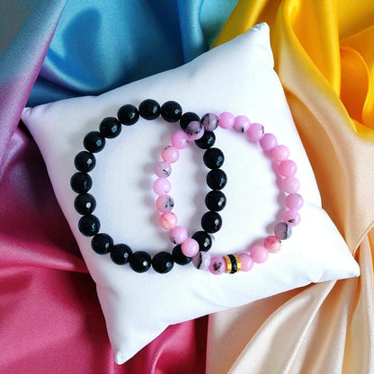 Elegant Duo | Pink Opal & Obsidian - For Women | Includes: Bracelets (Set of 2)