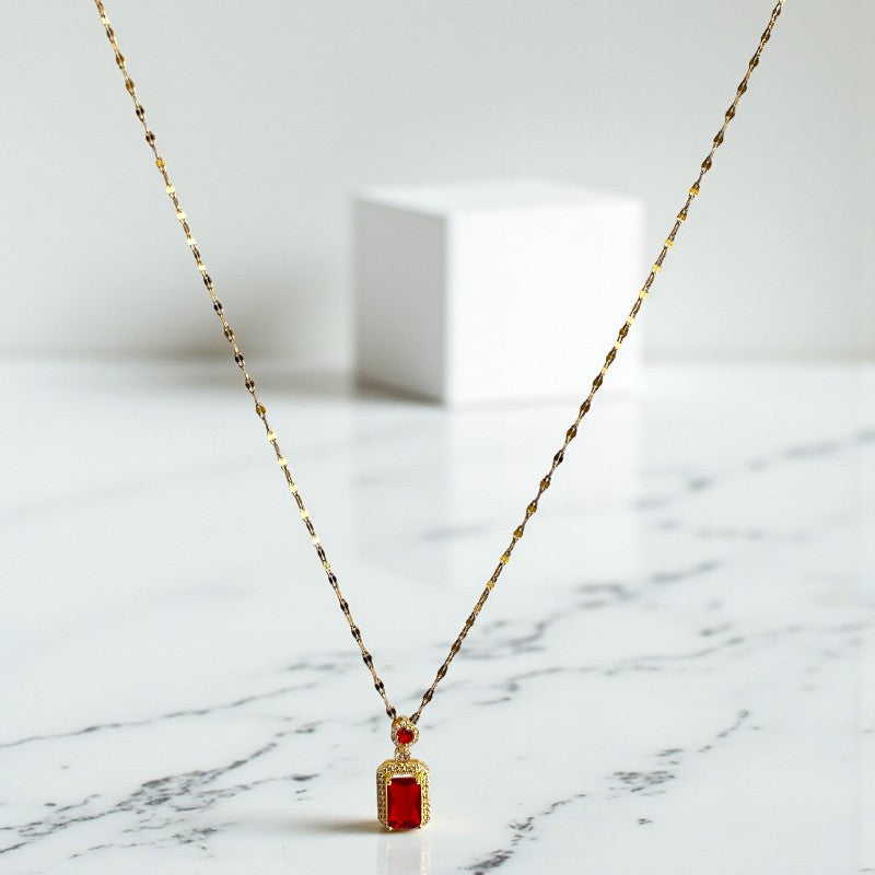 Solitaire Red Zircon Necklace | 18K PVD Gold Plated - For Women | Includes: Necklace