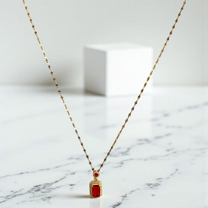 Solitaire Red Zircon Necklace | 18K PVD Gold Plated - For Women | Includes: Necklace