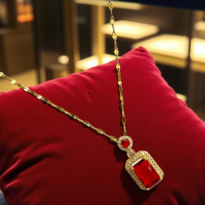 Solitaire Red Zircon Necklace | 18K PVD Gold Plated - For Women | Includes: Necklace