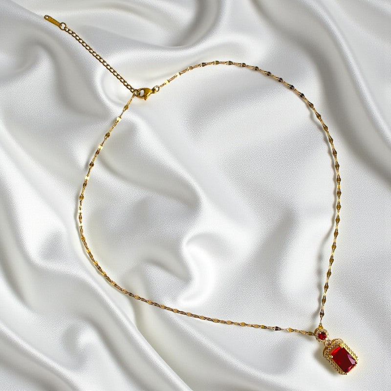 Solitaire Red Zircon Necklace | 18K PVD Gold Plated - For Women | Includes: Necklace