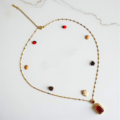 Solitaire Red Zircon Necklace | 18K PVD Gold Plated - For Women | Includes: Necklace