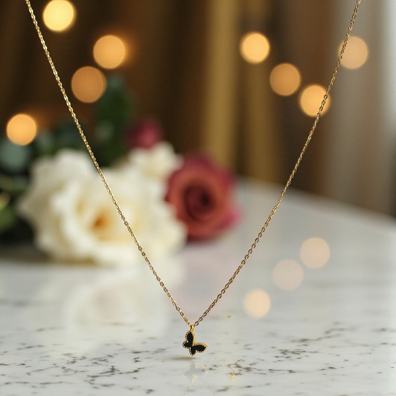 Black Butterfly Necklace | 18K PVD Gold Plated - For Women | Includes: Necklace