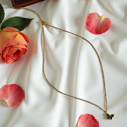 Black Butterfly Necklace | 18K PVD Gold Plated - For Women | Includes: Necklace