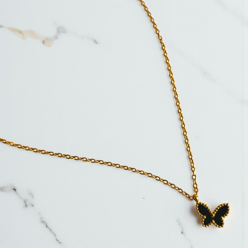 Black Butterfly Necklace | 18K PVD Gold Plated - For Women | Includes: Necklace