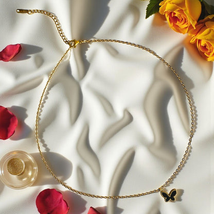 Black Butterfly Necklace | 18K PVD Gold Plated - For Women | Includes: Necklace