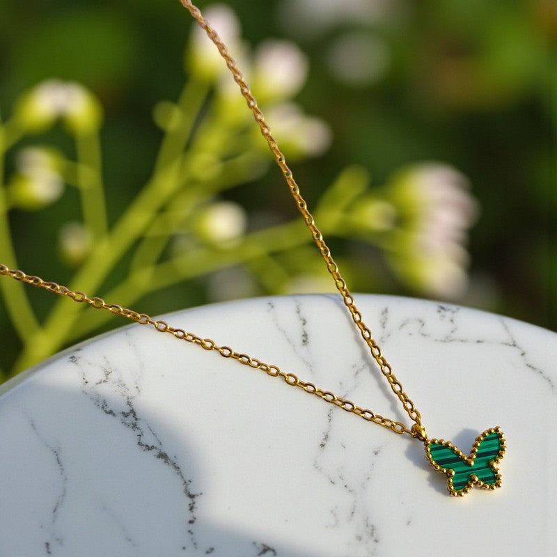 Malachite Butterfly Necklace | 18K PVD Gold Plated - For Women | Includes: Necklace