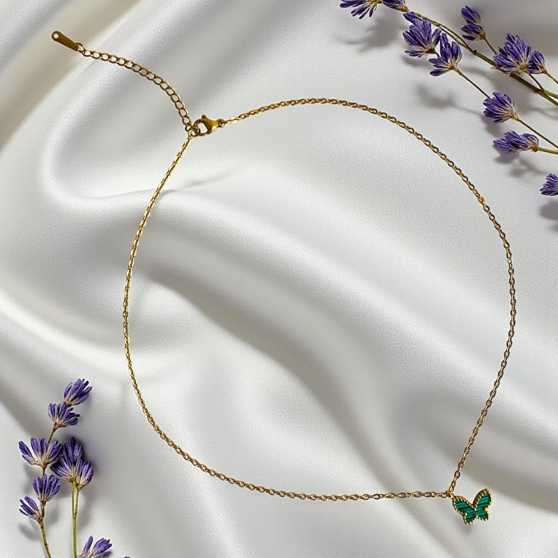 Malachite Butterfly Necklace | 18K PVD Gold Plated - For Women | Includes: Necklace