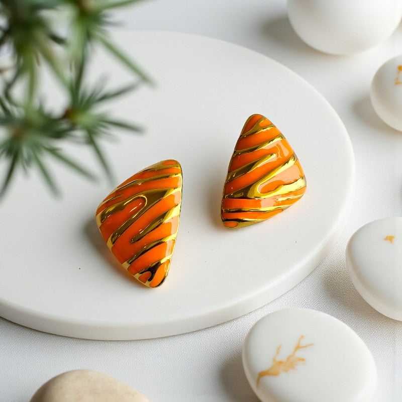 Orange Chunky Triangle Earring | 18K PVD Gold Plated - For Women | Includes: Earring