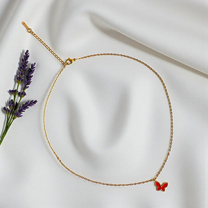 Red Butterfly Necklace | 18K PVD Gold Plated - For Women | Includes: Necklace