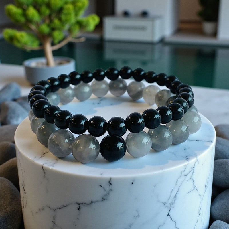 Stability Stacked Bracelets | Grey Agate - For Unisex | Includes: Bracelets (Set of 2)