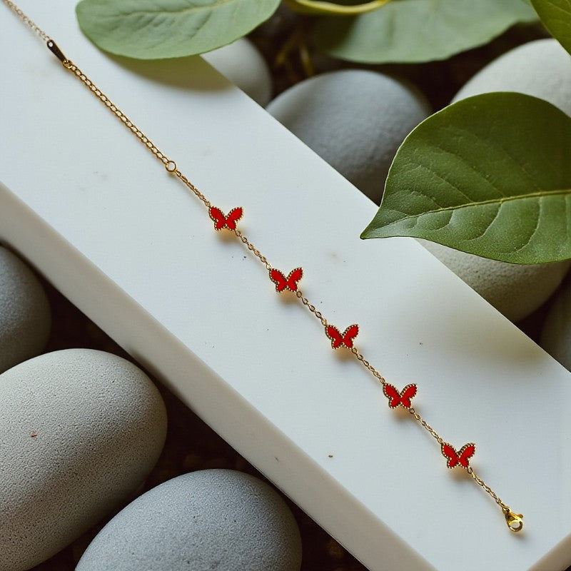 Red Butterfly Dainty Bracelet | 18K PVD Gold Plated - For Women | Includes: Bracelet