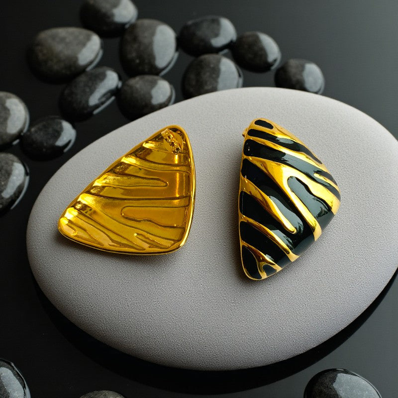 Black Chunky Triangle Earring | 18K PVD Gold Plated - For Women | Includes: Earring