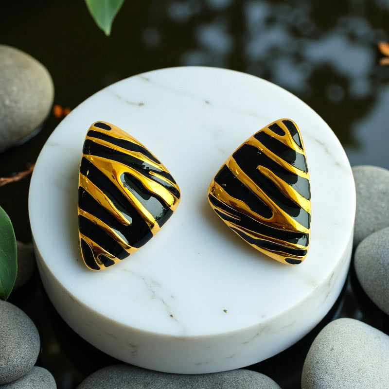 Black Chunky Triangle Earring | 18K PVD Gold Plated - For Women | Includes: Earring