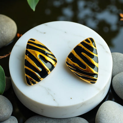 Black Chunky Triangle Earring | 18K PVD Gold Plated - For Women | Includes: Earring