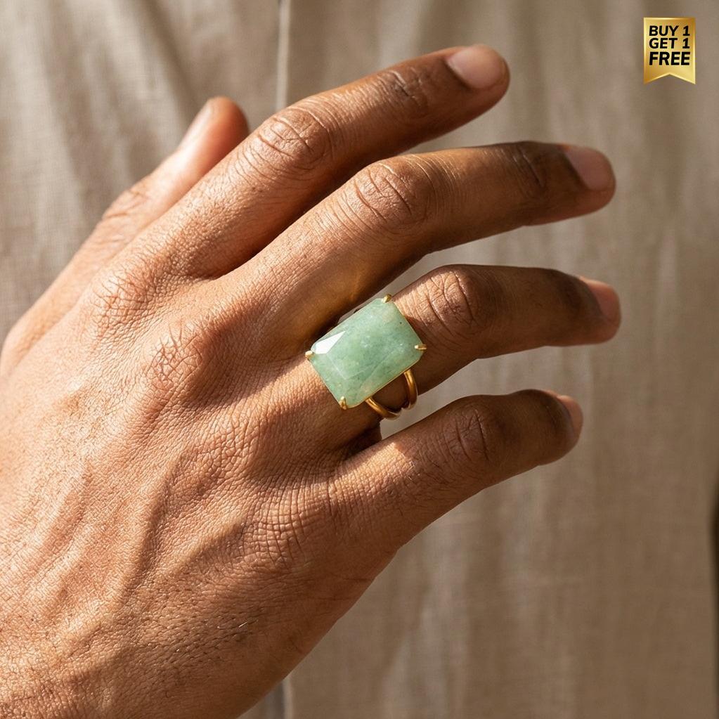 BOLD Natural Green Jade Golden Flexi Size Ring | 18K Real Gold PVD Plated– For Men | Includes: Ring