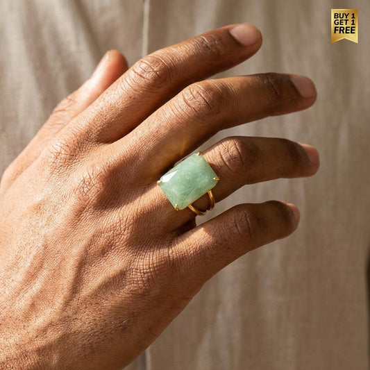 BOLD Natural Green Jade Golden Flexi Size Ring | 18K Real Gold PVD Plated– For Men | Includes: Ring