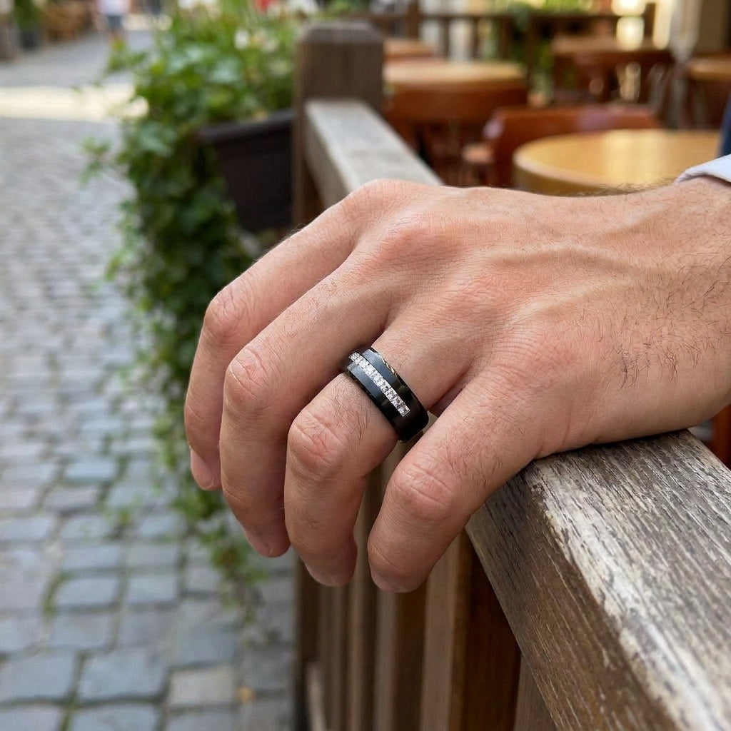 Black Titanium Zircon Stub Modern Ring | PVD Plated– For Men | Includes: Ring