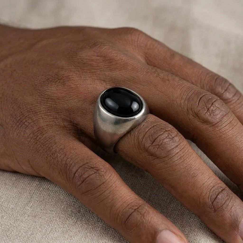 Natural BOLD Black Onyx Stone Golden Titanium Steel Ring | PVD Plated– For Men | Includes: Ring