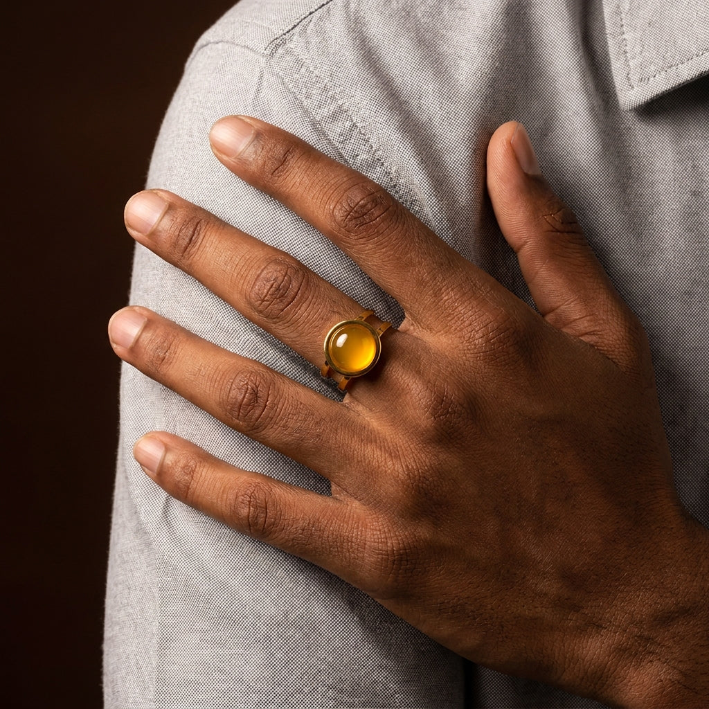 Yellow Quartz Real Stone Flexi Size Golden Ring | 18K Real Gold PVD Plated– For Men | Includes: Ring