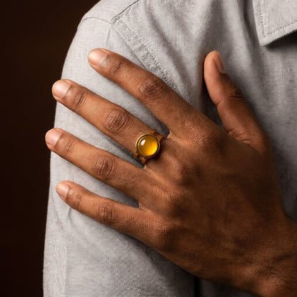 Yellow Quartz Real Stone Flexi Size Golden Ring | 18K Real Gold PVD Plated– For Men | Includes: Ring