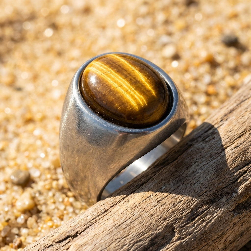 Natural BOLD Tiger Eye Stone Golden Titanium Steel Ring | PVD Plated– For Men | Includes: Ring