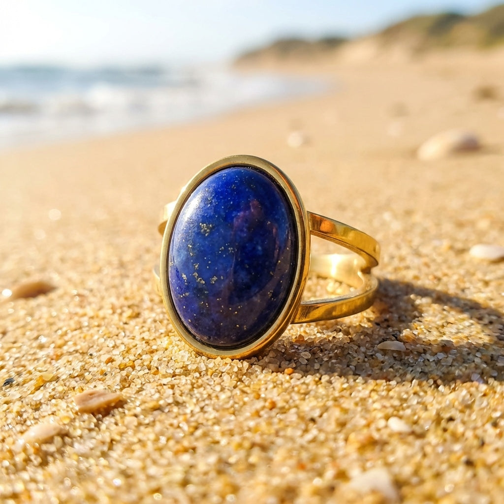 Lapis Lazuli Stone Golden Dual Band Oval Ring | 18K Real Gold PVD Plated– For Men | Includes: Ring