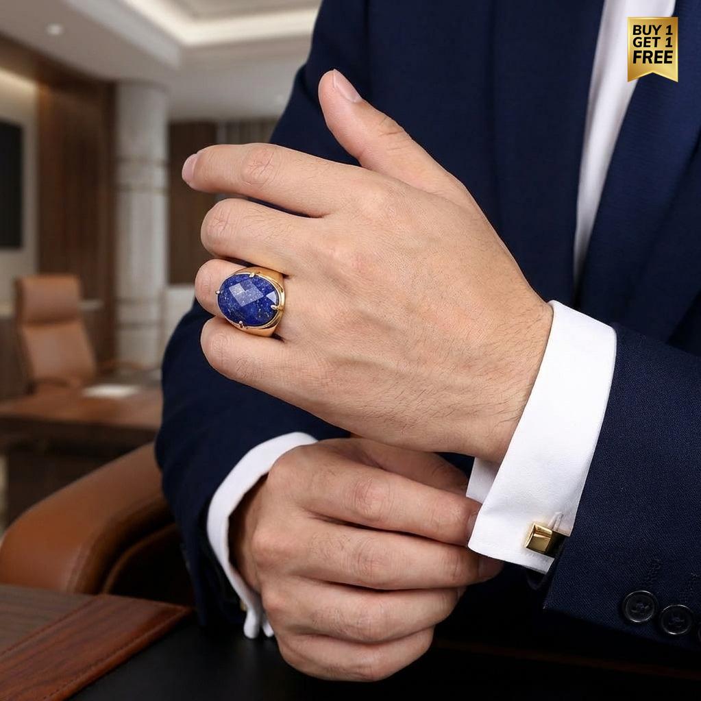 Natural Lapis Lazuli Faceted Stone Golden Flexi Size Ring | 18K Real Gold PVD Plated– For Men | Includes: Ring