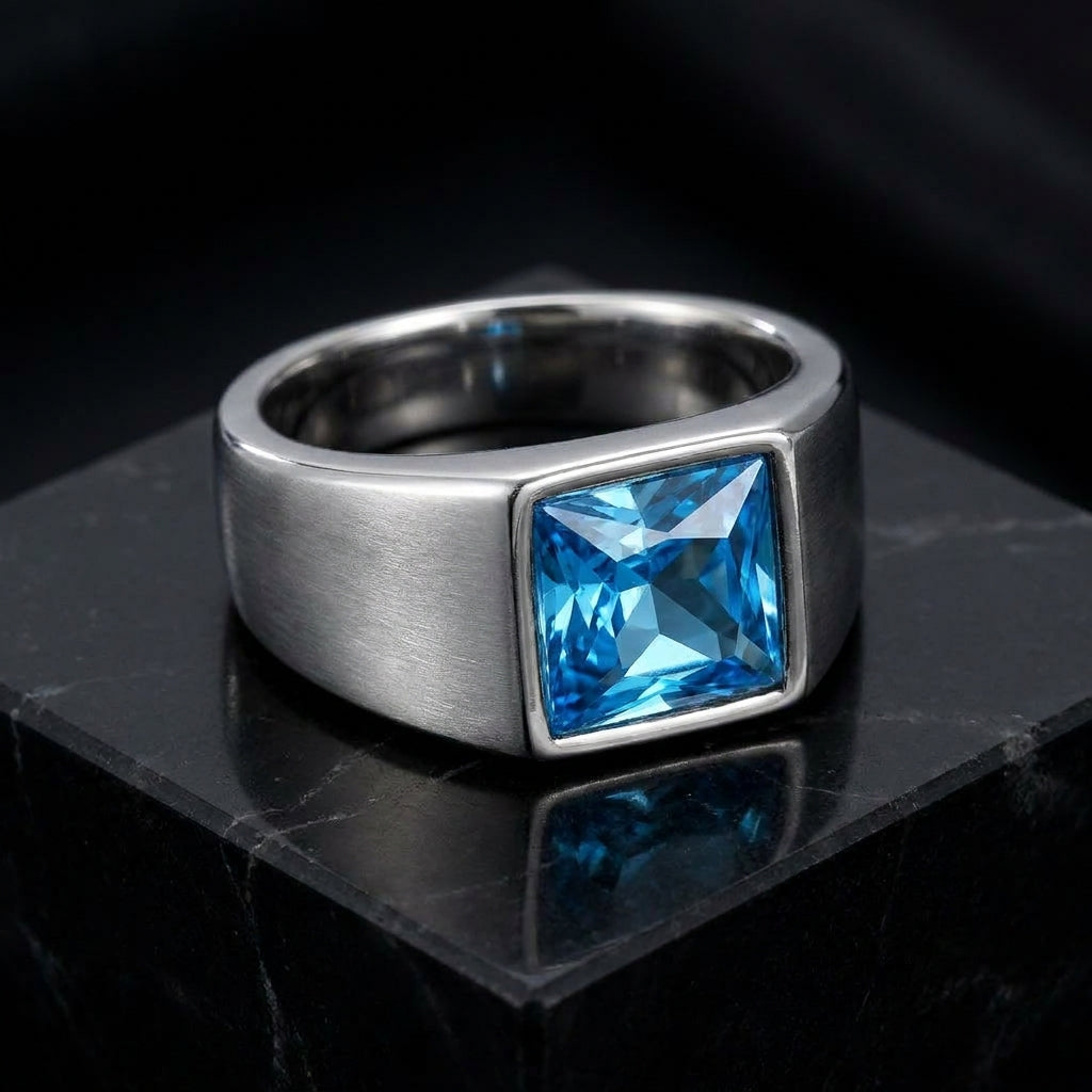 Regular Light Blue Square Zircon Titanium Ring | PVD Plated– For Men | Includes: Ring
