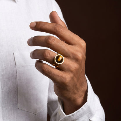 Tiger Eye Real Stone Flexi Size Golden Ring | 18K Real Gold PVD Plated– For Men | Includes: Ring