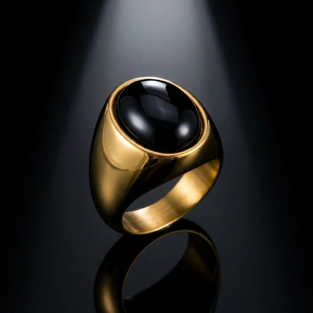 Natural BOLD Black Onyx Stone Golden Ring | 18K Real Gold PVD Plated– For Men | Includes: Ring