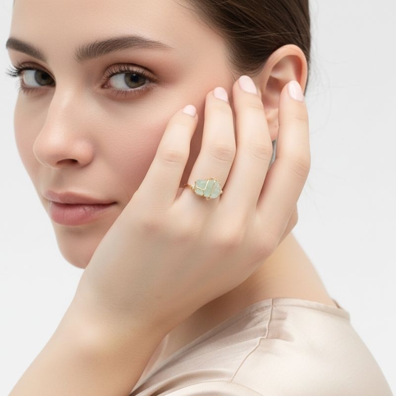 Jade Mist Adjustable Ring | Green Fluorite Stone & PVD Gold - For Women | Includes: Ring