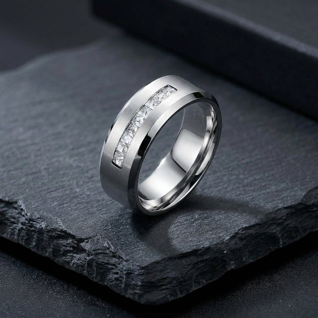 Steel Titanium Zircon Stub Modern Ring | PVD Plated– For Men | Includes: Ring