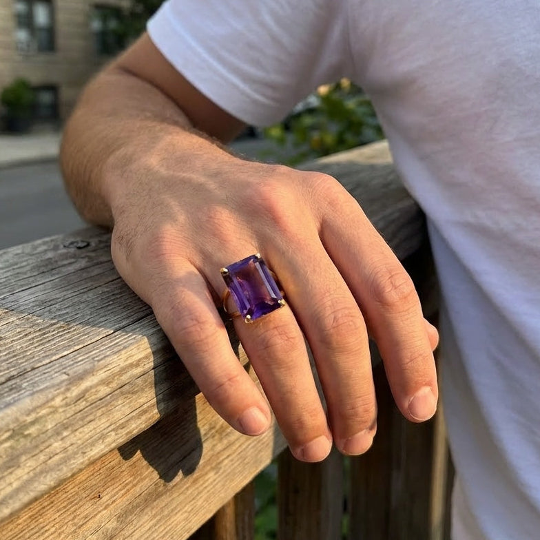 BOLD Natural Amethyst Stone Golden Flexi Size Ring | 18K Real Gold PVD Plated– For Men | Includes: Ring